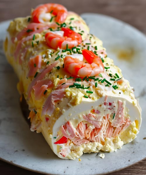 Pikantes Rollenbrot mit Meeresfrüchtearomen: Krabben, Räucherlachs und Garnelen