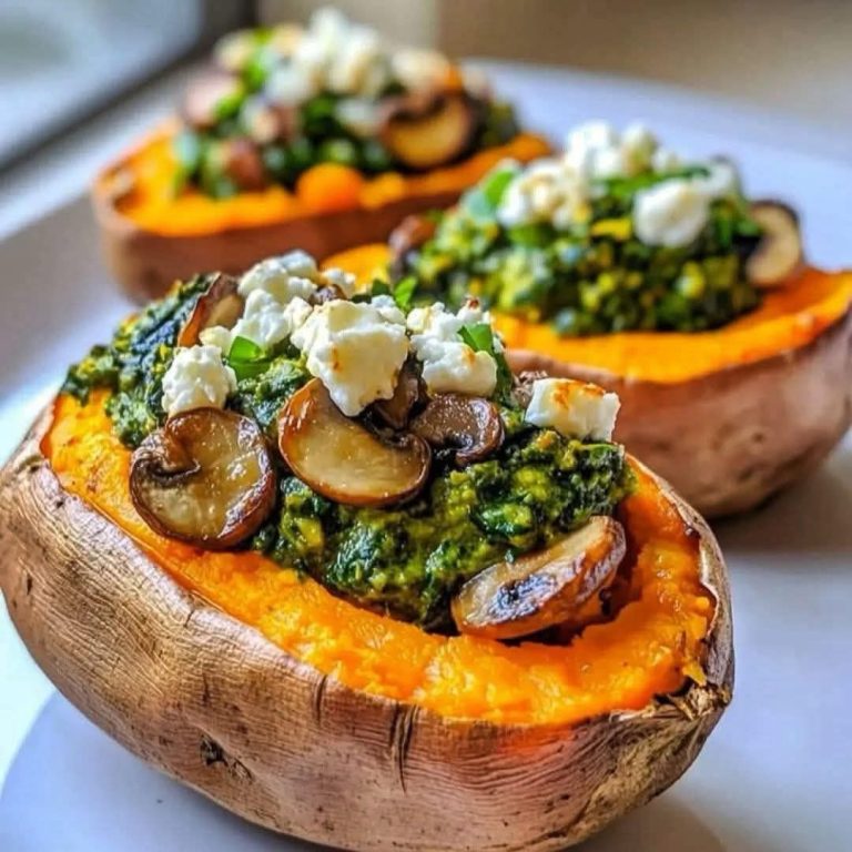 Faszerowane bataty ze szpinakiem, pieczarkami, fetą i rozmarynem – z domowym pesto bazyliowym
