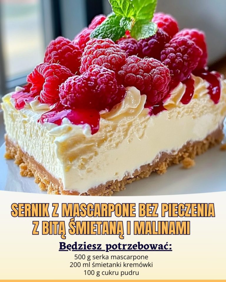 Sernik z mascarpone bez pieczenia z bitą śmietaną i malinami