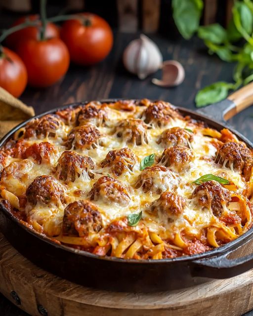 Linguine z Klopsikami Zapiekane w Aromatycznym Sosie Pomidorowym – Domowy Komfort na Talerzu