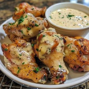 Skrzydełka kurczaka z kremowym sosem czosnkowym i parmezanem.